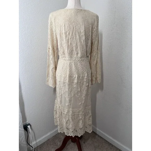 Reba Midi Beige Antique Lace Dress Women Large Romantic Boho Long Sleeve - Picture 2 of 9